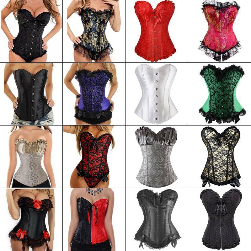 Women Vintage Floral Denim Overbust Corsets Lace Up Bustier Corset Top