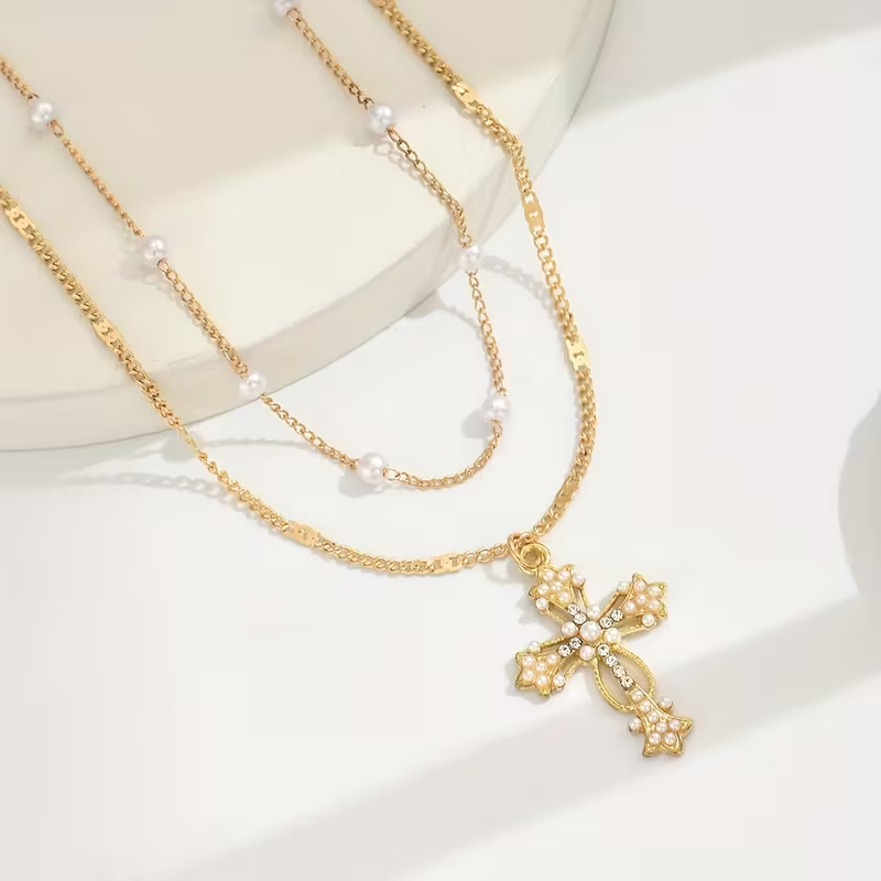 1pc Elegant Multi-Layer Golden-Tone Cross Pendant Necklace Faux