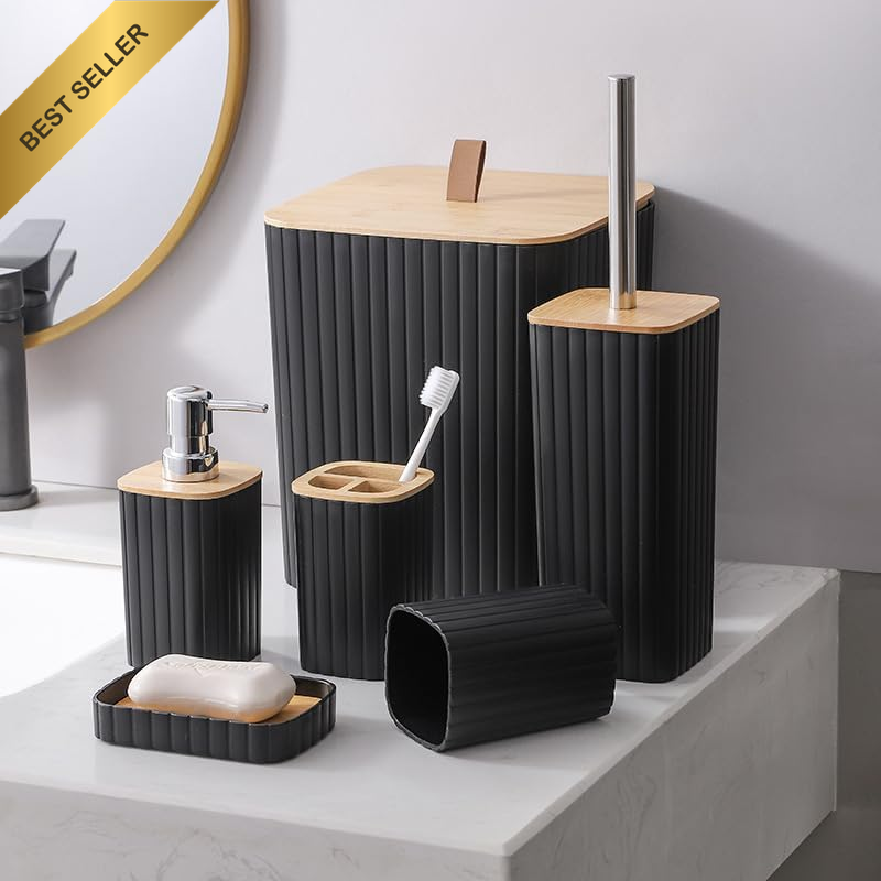 Bathroom Accessories Set, with Toilet Brush, Soap Dispenser, 6 Piece, Black