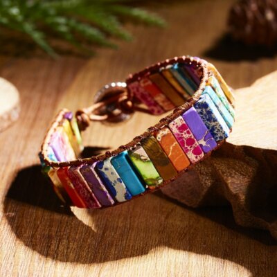 7 Chakra Bracelet Natural Stone Tube Beads Leather Wrap Bangle Women Jewelry