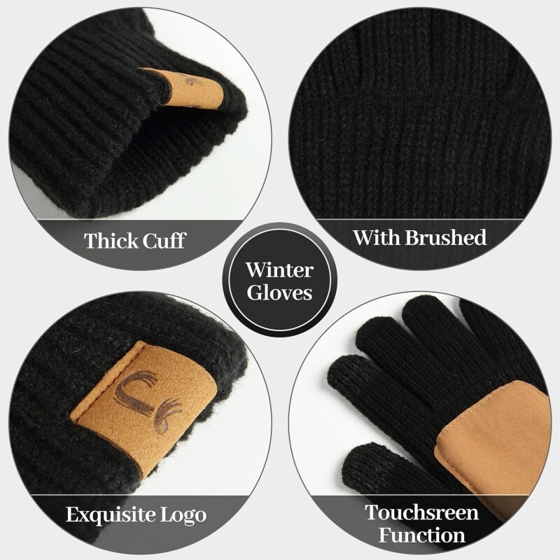Winter Beanie Fleece Lined Pom Pom Hat Long Scarf Touchscreen Gloves for Women