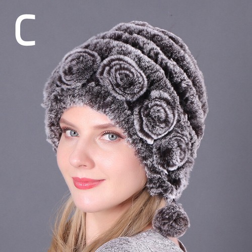Women Warm Real Rex Rabbit Fur Hat Snow Cap Winter Hats Knit Beanies Fluffy Hats