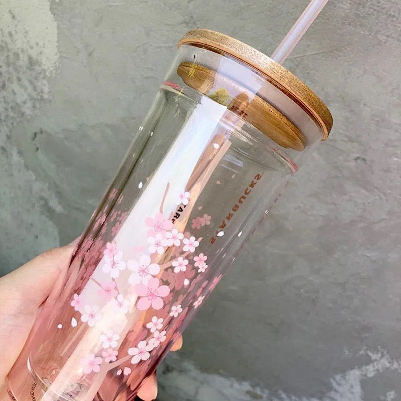 Starbucks Tumbler Pink Sakura Double Glass Straw Cup 591 ml+ Wooden Lid + Plug View 4