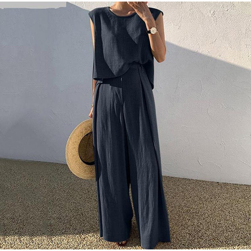 Plus Size Women Cotton Linen Outfits Suit Sleeveless T-Shirt Vest Wide Leg Pants