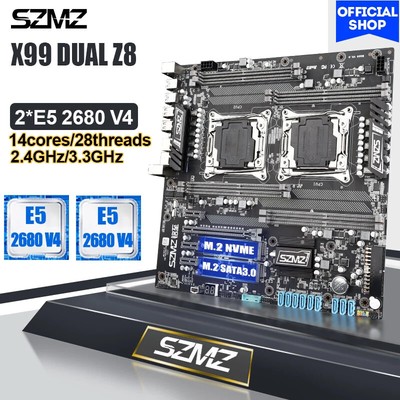 SZMZ X99 Dual Motherboard LGA 2011-3 E5 2680V4 *2pcs CPU NVME M.2 SSD DDR4 256GB