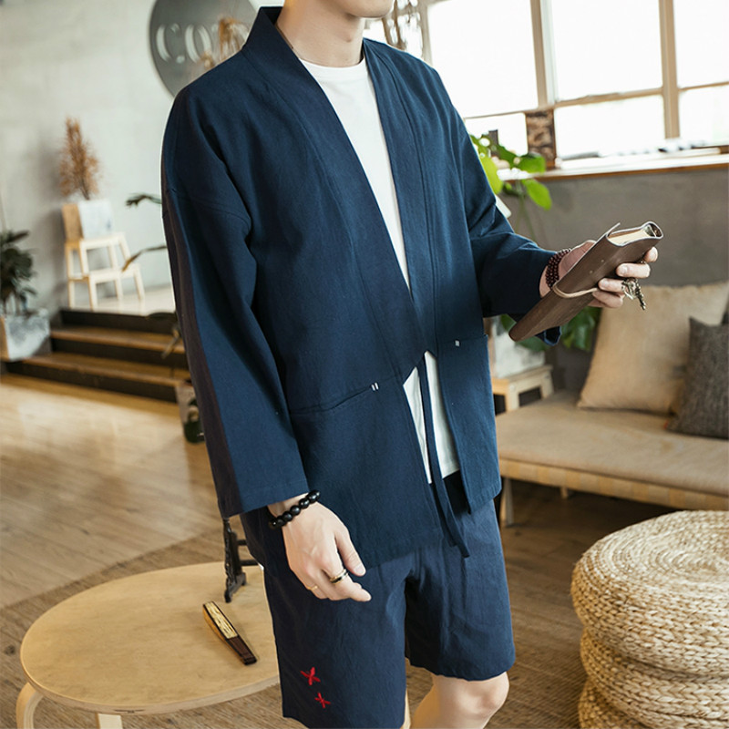 Japanese Men Kimono Jacket Loose Coat Cardigan Outerwear Tops Haori Linen Cotton