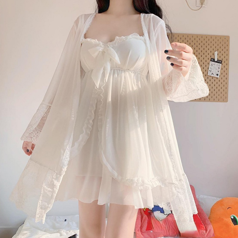2 Pezzi Abito Notte Donna in Rete V-Neck Pizzo Manica Lunga Bianco Robe Gown