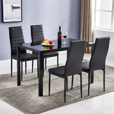 Set of 4 Leather Dining Chairs Kitchen with Cushion and High Back Metal Legs