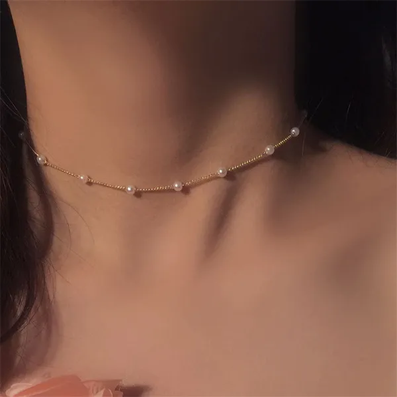 New Beads Women'S Neck Chain Simulation Pearl Necklace Gold Color Goth Chocker Jewelry on the Neck Pendant Collar for Girl