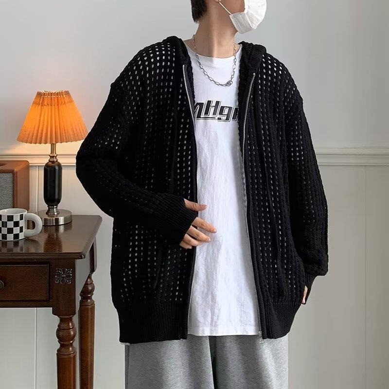 Unisex Hollow Out Knit Cardigan Hoodie Sweater Zip Jumper