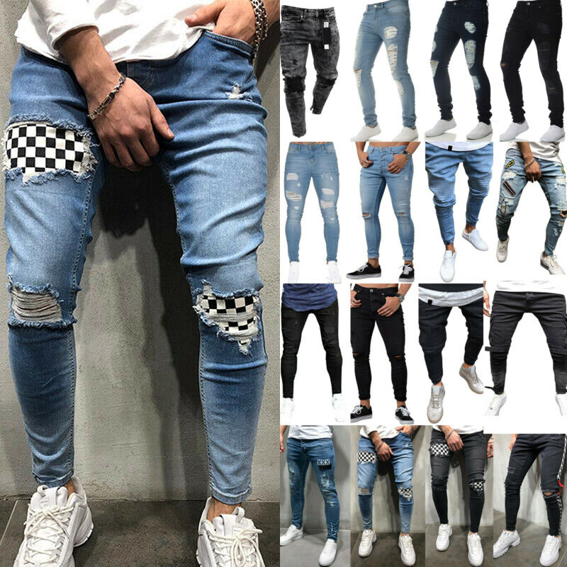 Skinny Slim Fit Denim Pants Destroyed Frayed Trousers Casual