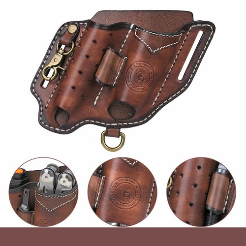 TOURBON Leather EDC Multitool Pouch Flashlight Holder Knife 
