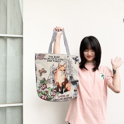 Tower of London Bridge Fox Tapestry Tote Bag Woven Shoulder Bag Cottagecore