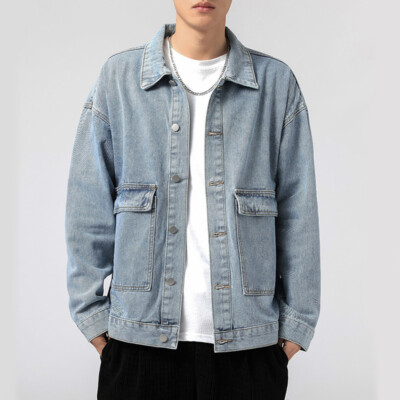 Mens Denim Jackets Drop Shoulder Loose Oversized Tops Coat Pocket Casual Classic