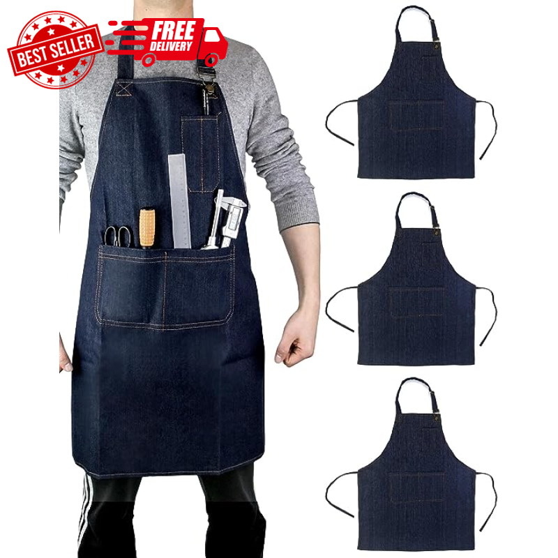Heavy Duty Denim Work Apron With Pockets, Adjustable Jean Tool Apron for Men