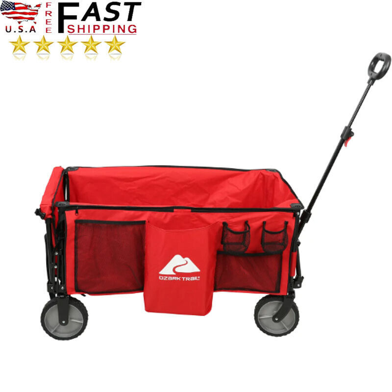 Camping Utility Wagon Folding Cart Collapsible W/Tailgate & Extension Handle Red