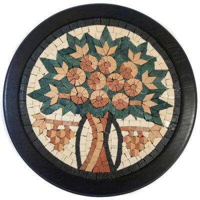 MADABA TREE HAND MADE  9'' ROUND MOSAIC MARBLE TILE ART HOME DECOR VINTAGE