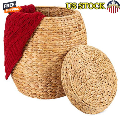 Vintage Multipurpose Handwoven Hyacinth Storage Basket Organizer w/Lid Home New