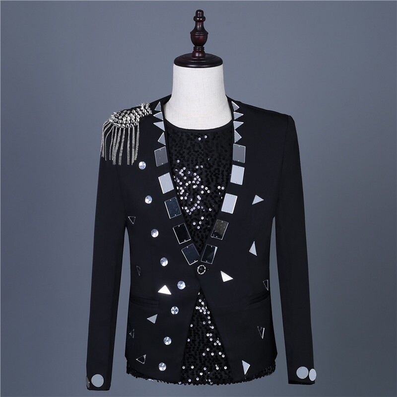 Men Glitter Sequins Suit Jacket Blazer Tassels Epaulet Stage Costume Gothic