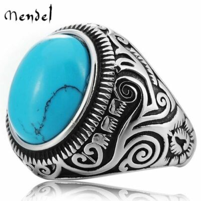 MENDEL Mens Oval Turquoise Stone Ring Men Stainless Steel Size 7 8-15