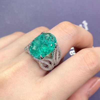 925 Sterling Silver Natural Green Paraiba Stone Oval Ring Women Men Fine Rings