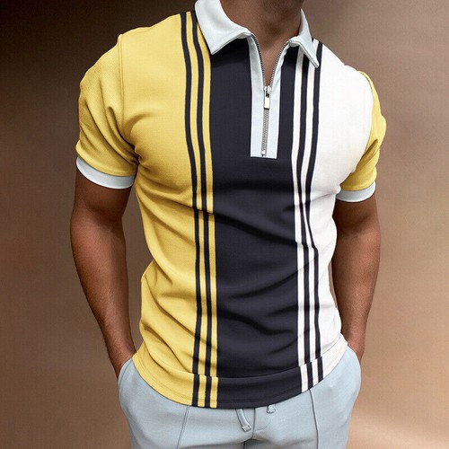 Polo Shirts Men Zipper Collar Yellow Blue White Colorblock Contrast Golf T-Shirt