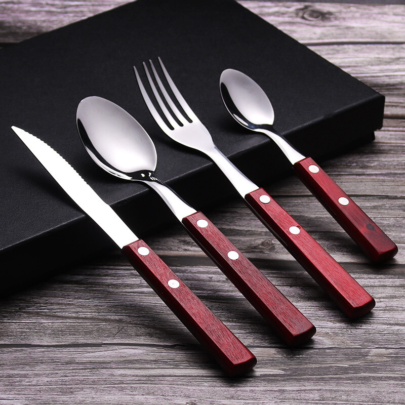 4Pcs/set Cutlery Fork Spoons Knife Wood Handle Tableware Kitchen 2