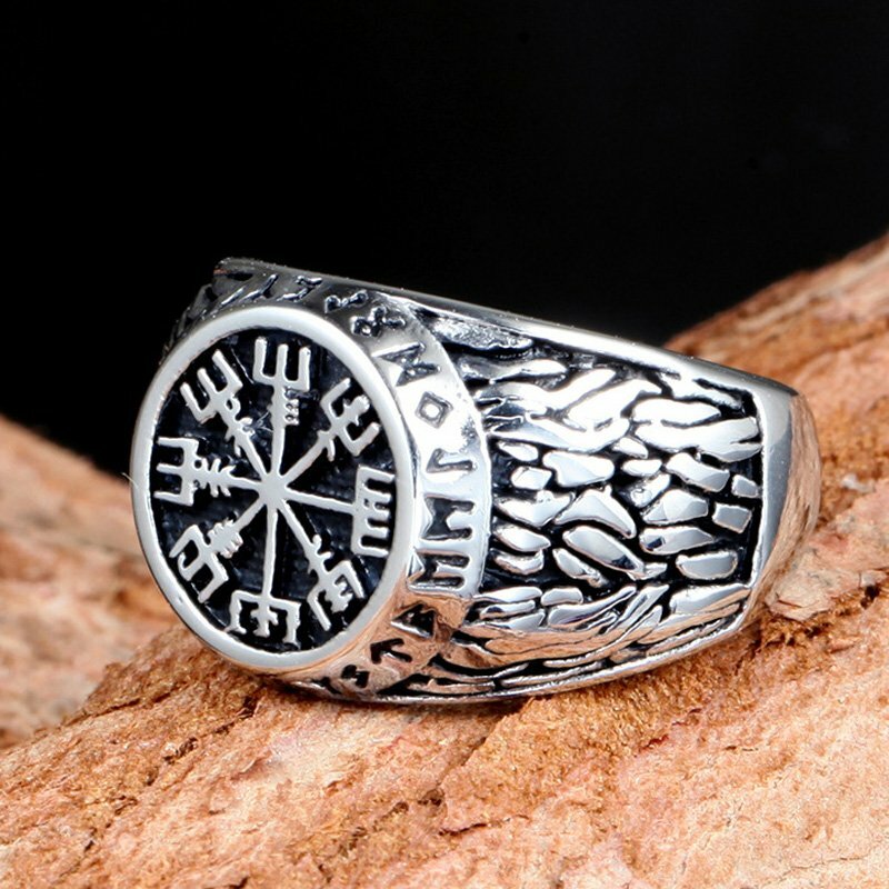MENDEL Mens Nordic Viking Rune Vegvisir Compass Ring Stainless Steel Size 7-15