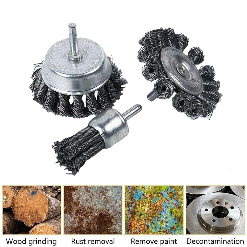 3Pcs Rotary Steel Wire Brush Drill Attachment Cup Wheel Set Tool Rust Removal