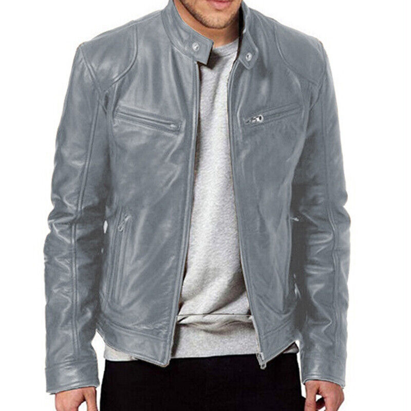 Mens Retro Leather Jacket Motorcycle Stand Collar Biker Coat Zip Up Outwear Top