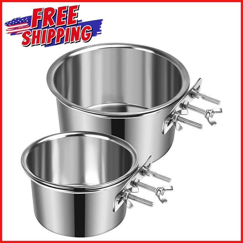 2-PCS LARGE DOG FOOD WATER BOWL FOR CAGE Pet Kennel Hanging Bowls Clamp Holder