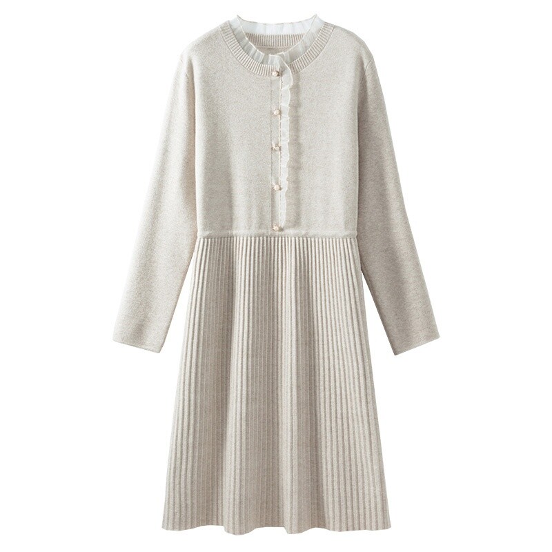 Lady Knitted Midi Dress Sweater Pleated Tie Waist Lace Edge Jumper Knitwear Soft