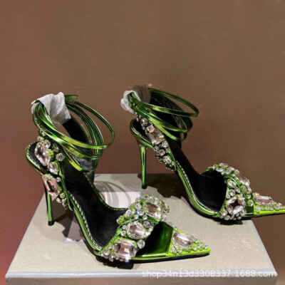Womens Spring/summer New Full Rhinestone Lace-up Pointy Ultra-high Heels Sandals