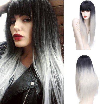 Ombre Grey Synthetic Long Straight Wigs Hair Middle Part Bangs