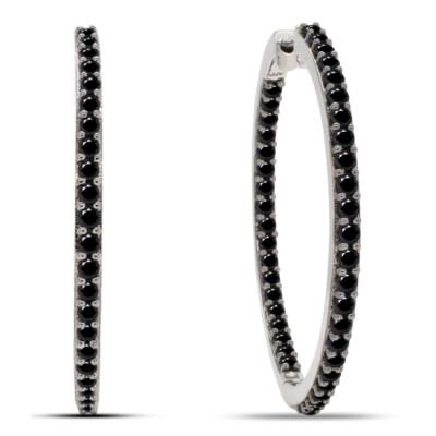 Inside Out Hoop Earrings Black Spinel 14K White Gold Plated