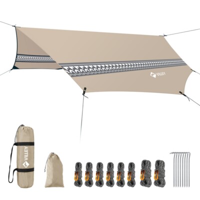 Villey Khaki/Green/Blue Waterproof Camping Tarp Hammock Tent Rain Fly Octagonal