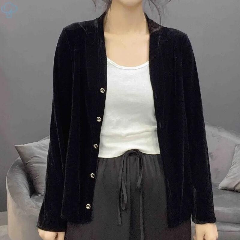Camicia In Velluto Da Donna Con Bottoni Blusa Manica Lunga Cardigan Giacca Top