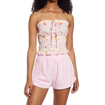 BP Adult Top Small Pink Floral Front Tie Sleeveless Smocked Tube Women's