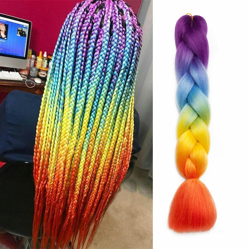 Crochet Box Braiding Long Jumbo Braid Hair Extensions Rainbow Festival Braided