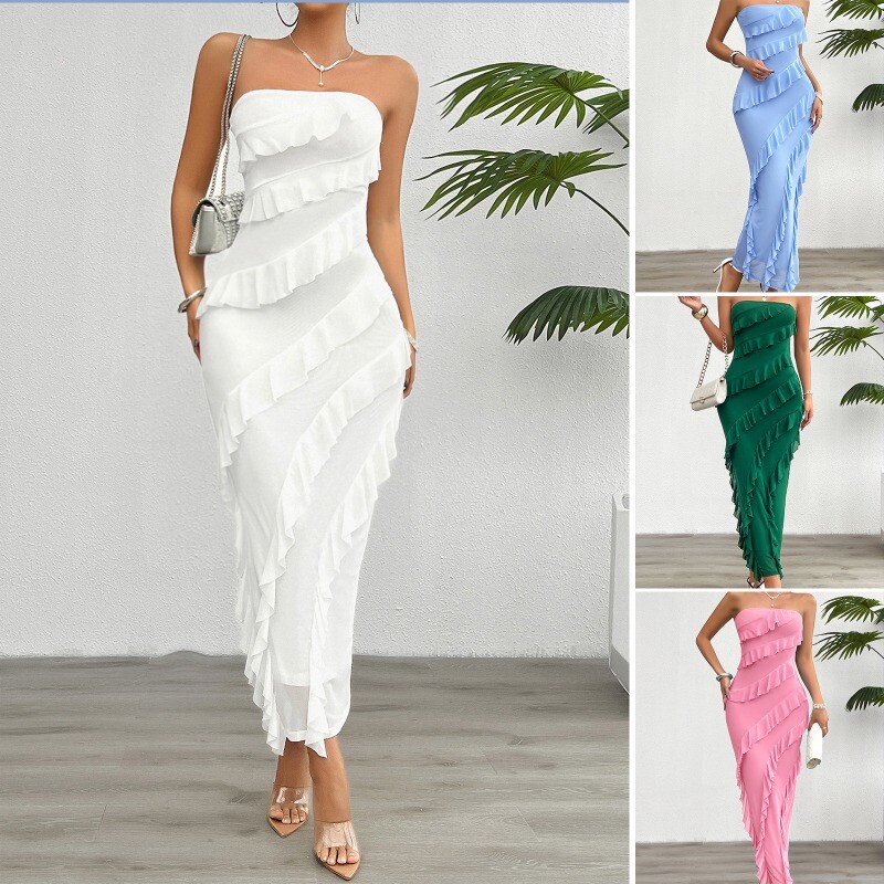 Lady Mesh Ruffle Bodycon Maxi Tube Dress Strapless Tiered Cocktail Slit Party