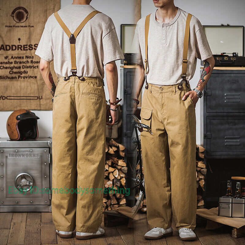 Mens Cotton Workwear Casual Loose Suspender Pants straight Long Trousers Retro Mens Cotton Workwear Casual Loose Suspender Pants straight Long Trousers Retro