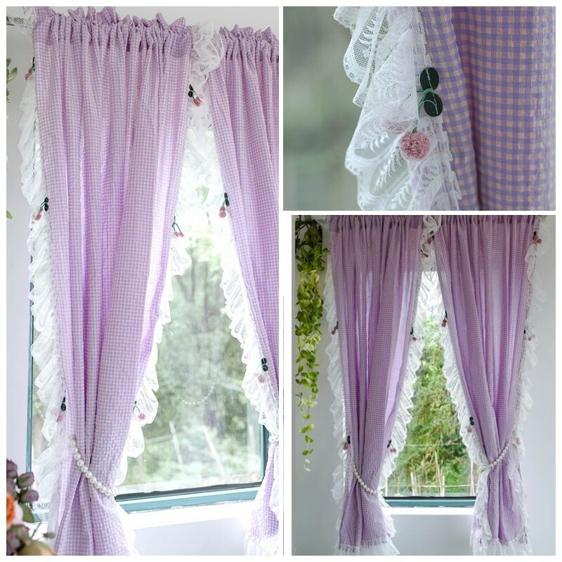 1 Panel Lace Checked Curtains Balcony Short Curtain Rod Pocket Home Window Decor