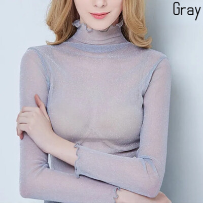 Women Slim Shirt Shiny Tops Ruffle Mesh Hollow Sheer Turtleneck Undershirt