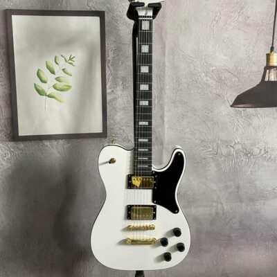 6-String White TL Electric Guitar Solid Gold Hardware Black Pickguard HH Pickups