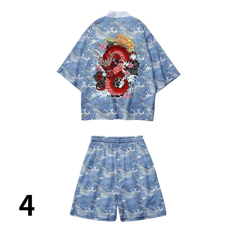 Herren Kimono Mantel Japanisch Outwearlinie Top Shorts Kostüm Fisch Drache Welle