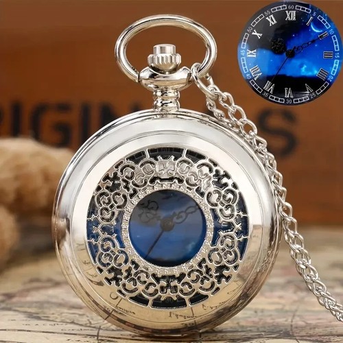 Reloj bolsillo cuarzo hueco grabado flore estilo bohemio esfera noche estrellada