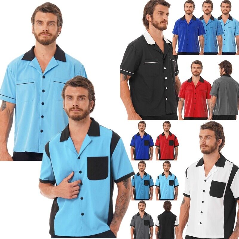 Mens Short Sleeve Shirts Casual Button-down Tops Retro Lapel Blouse With Pocket
