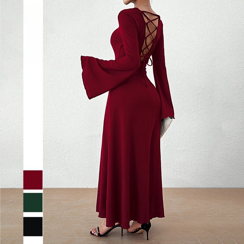 Women Long Flare Sleeve Dress Backless Tie Back Elegant Casual Sexy
