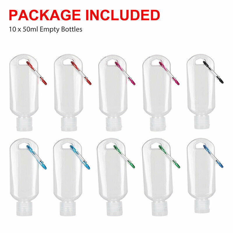 10x 50ml Empty Bottles with Key Ring Refillable Sanitizer Travel Small Container