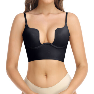 Women Low Back Bra Wire Lifting Deep U Shaped Plunge Push Up Bra Backless Bra